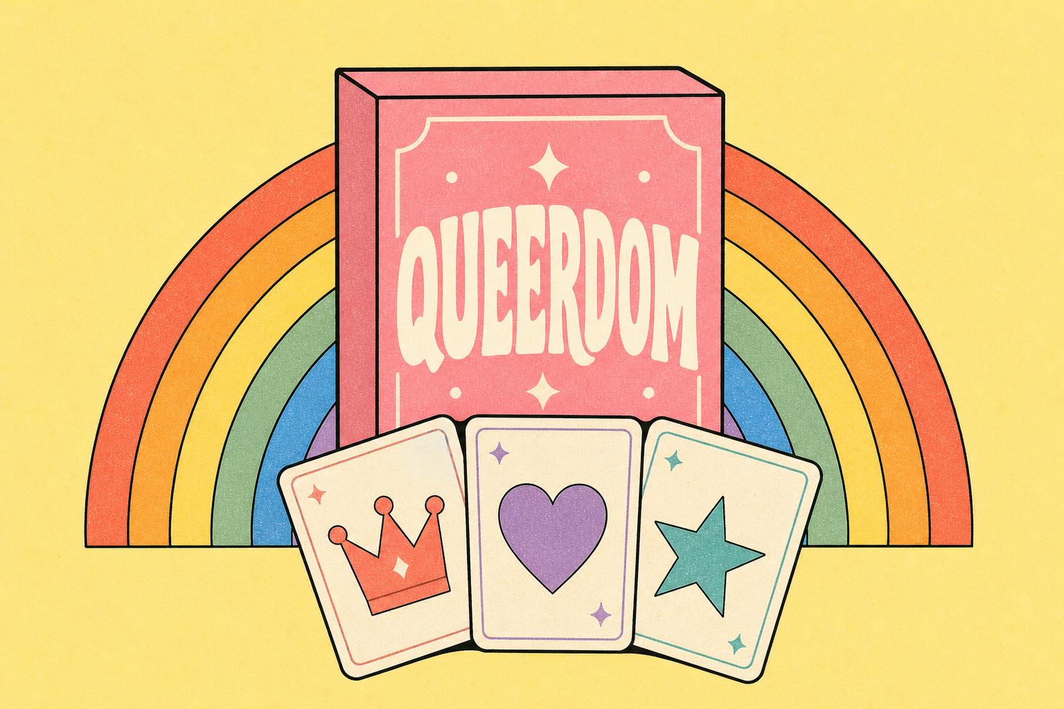 Queerdom card game with a rainbow arc and four illustrated cards